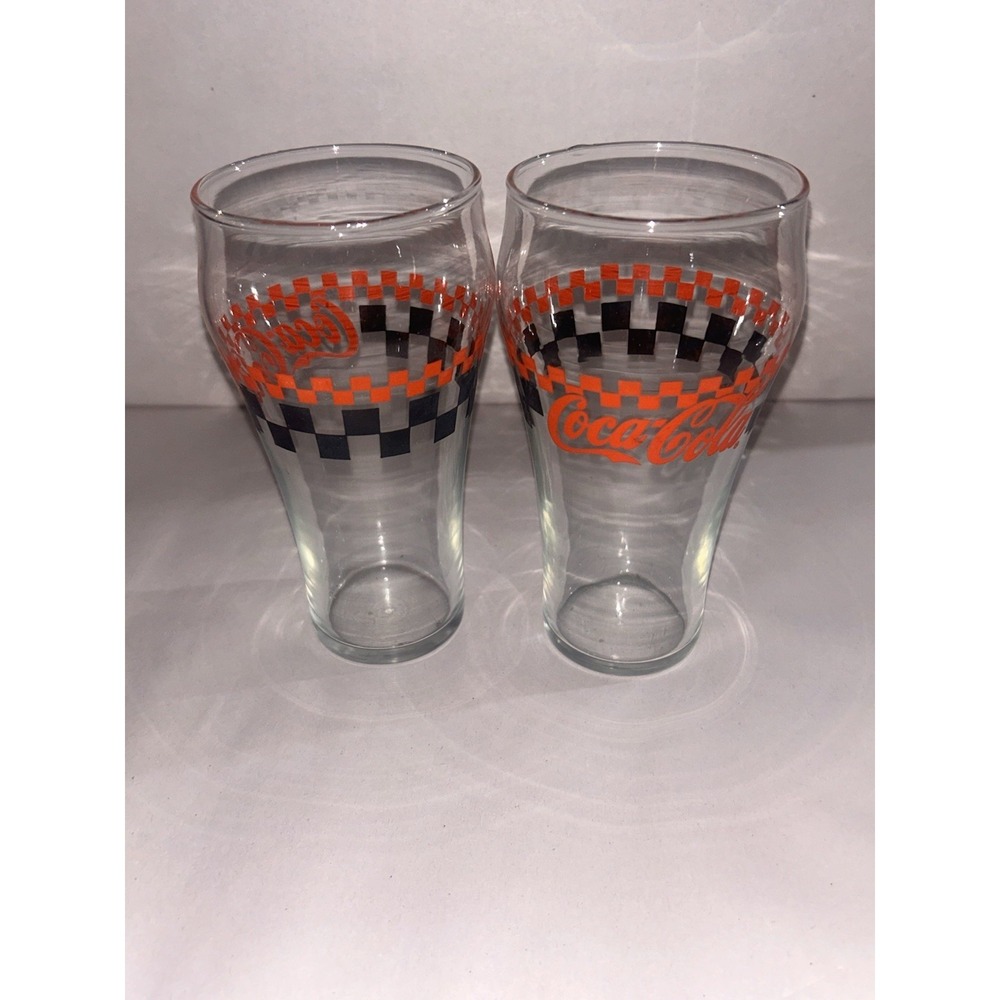 Coca Cola Coke 3 Piece 16 oz. Checkered Bell Soda Glasses Diner Design 1997